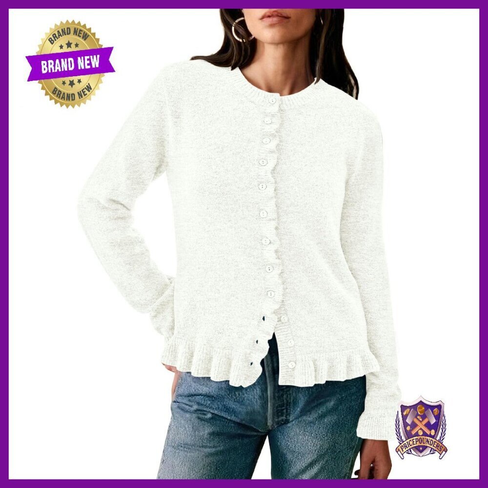 Chunky Knit Cropped Cardigan Button Down Ruffle Open Front Sweater